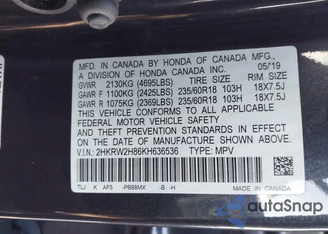 2HKRW2H86KH636536: 43731093