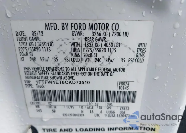 1FTFW1ET8CKD73510: 43736540