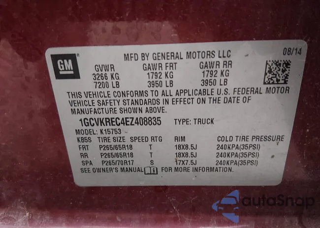 1GCVKREC4EZ408835: 43738982