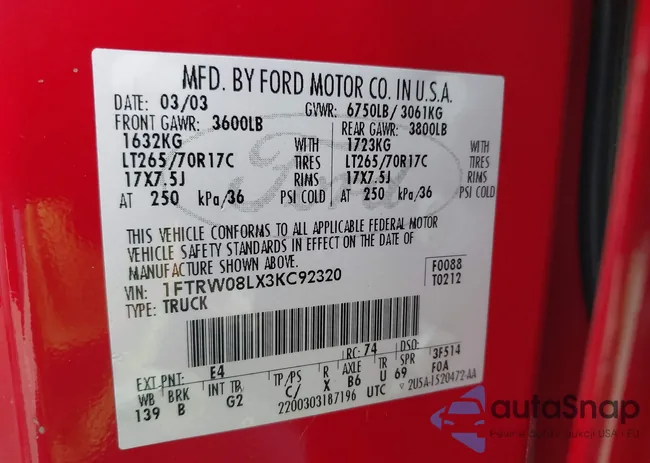 1FTRW08LX3KC92320: 43741080