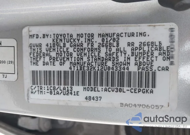 4T1BE32K12U043344: 43750337