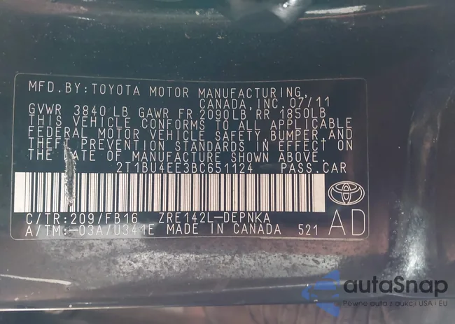 2T1BU4EE3BC651124: 43750586