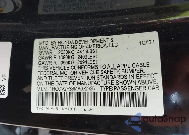 1HGCV2F36MA032626: 43751933