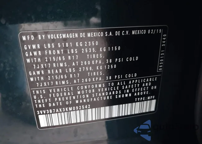 3VV3B7AX3KM092542: 43754332