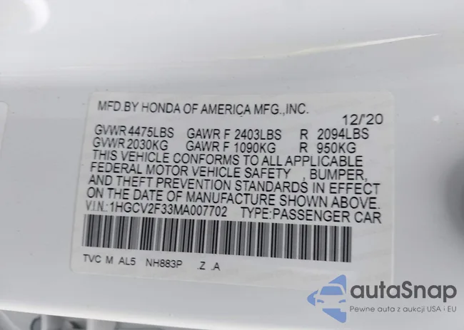 1HGCV2F33MA007702: 43754838