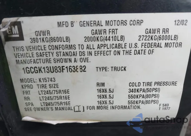 1GCGK13U83F163882: 43757023