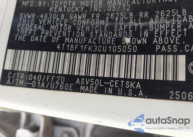 4T1BF1FK3CU105050: 43757428