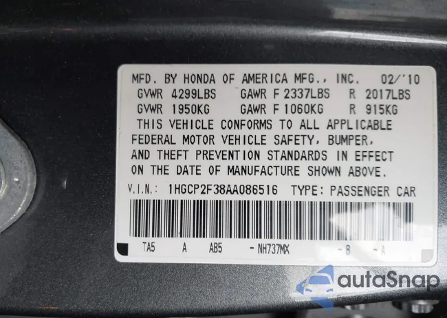 1HGCP2F38AA086516: 43757597