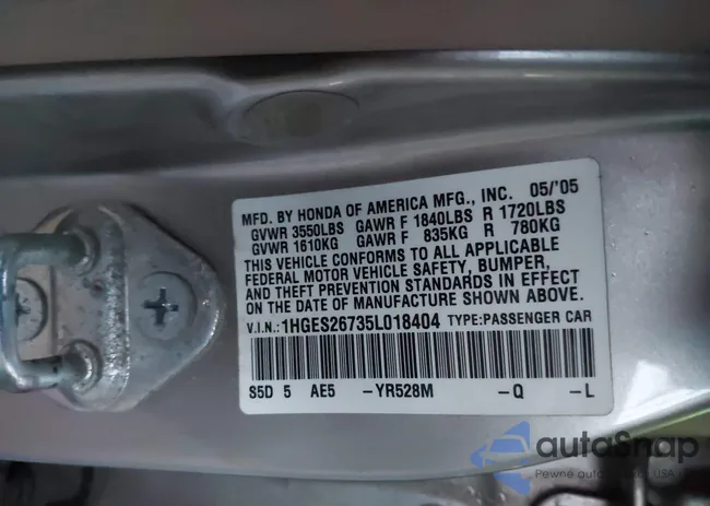 1HGES26735L018404: 43756732