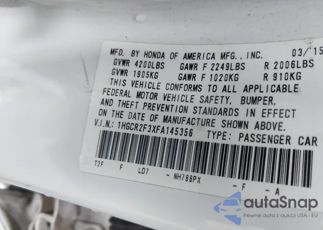 1HGCR2F3XFA145356: 43758025