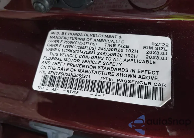 5FNYF6H2XNB043389: 43758492