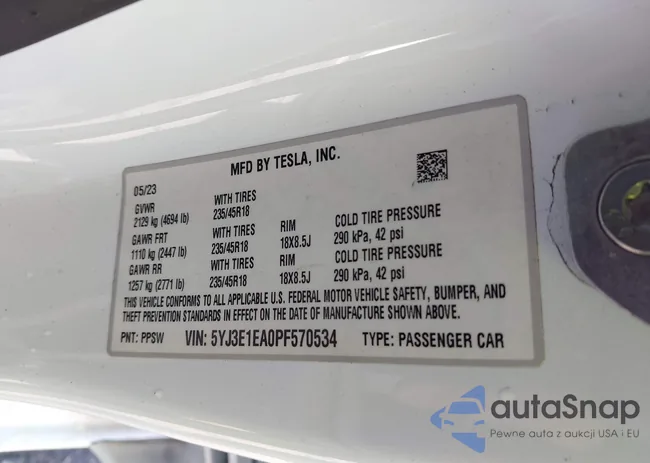 5YJ3E1EA0PF570534: 43758945