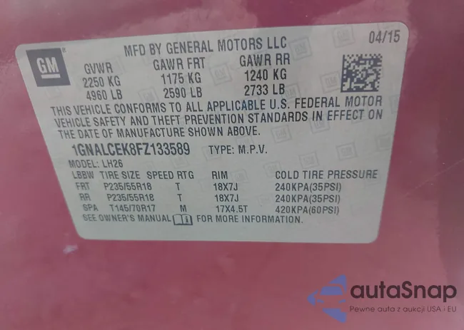 1GNALCEK8FZ133589: 43760320