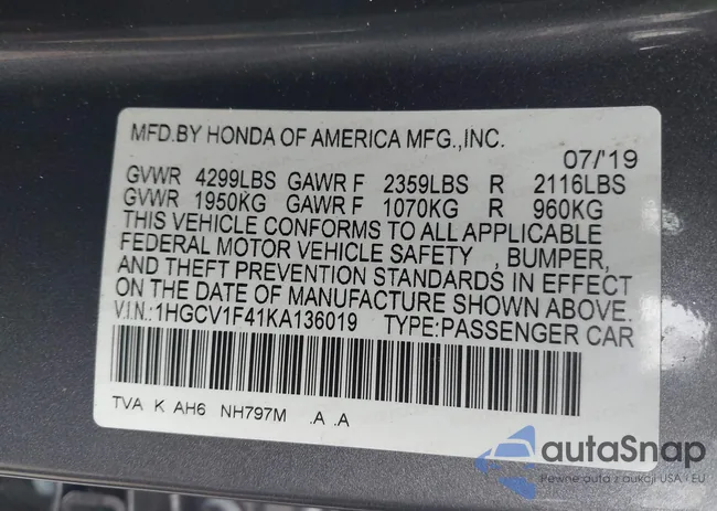 1HGCV1F41KA136019: 43761167