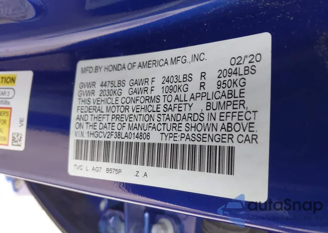 1HGCV2F38LA014806: 43762413