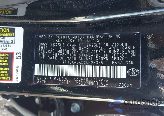 4T1DAACK5SU627365: 43762543