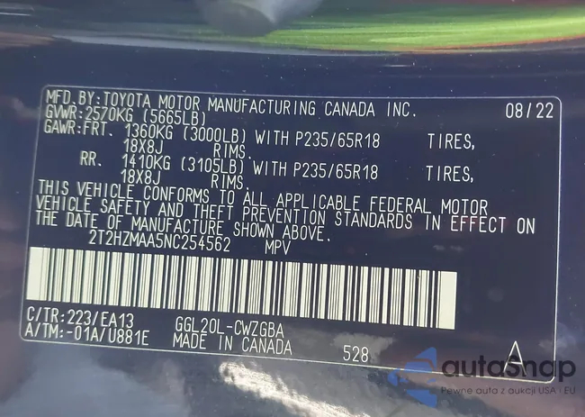 2T2HZMAA5NC254562: 43764123