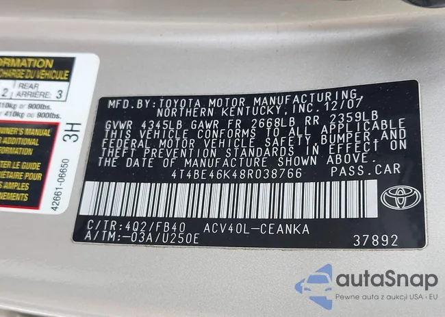 4T4BE46K48R038766: 43764280