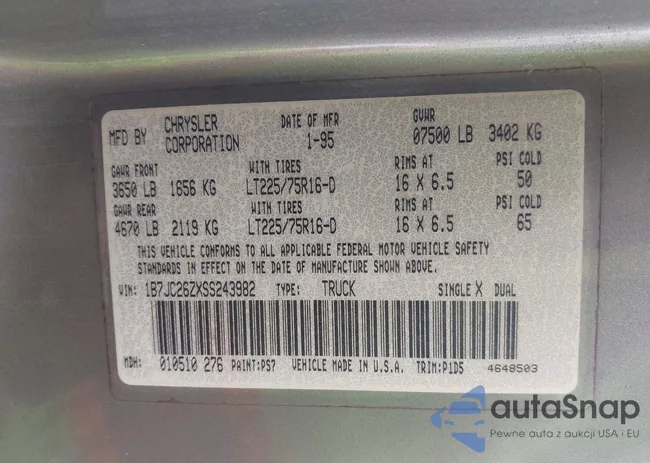 1B7JC26ZXSS243982: 43765021