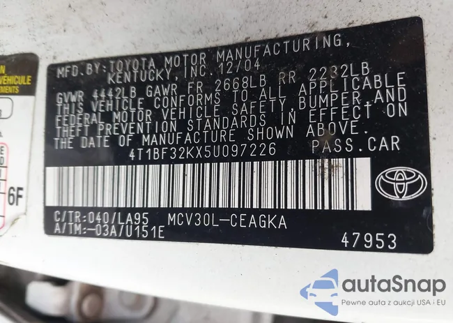 4T1BF32KX5U097226: 43764702