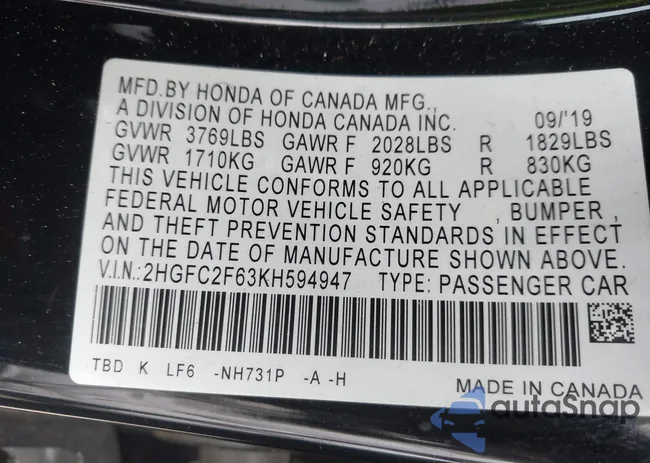 2HGFC2F63KH594947: 43764889