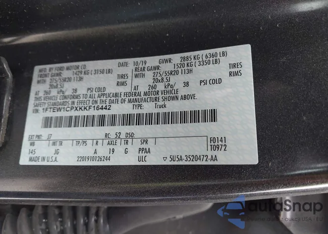 1FTEW1CPXKKF16442: 43765890