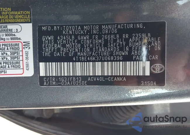 4T1BE46K37U068396: 43767189