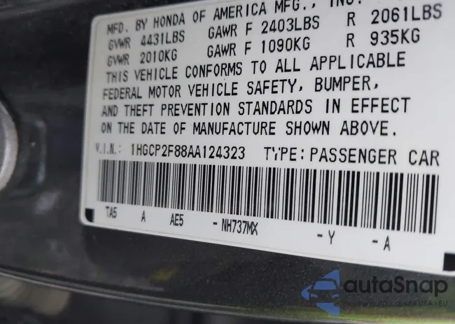 1HGCP2F88AA124323: 43766643