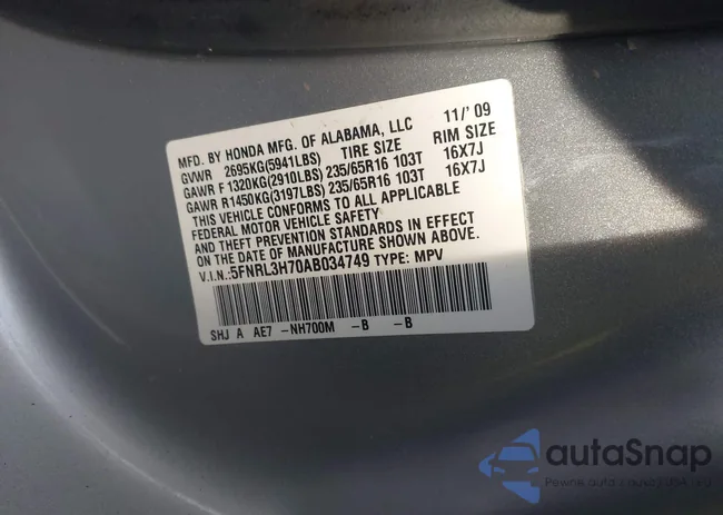 5FNRL3H70AB034749: 43768543