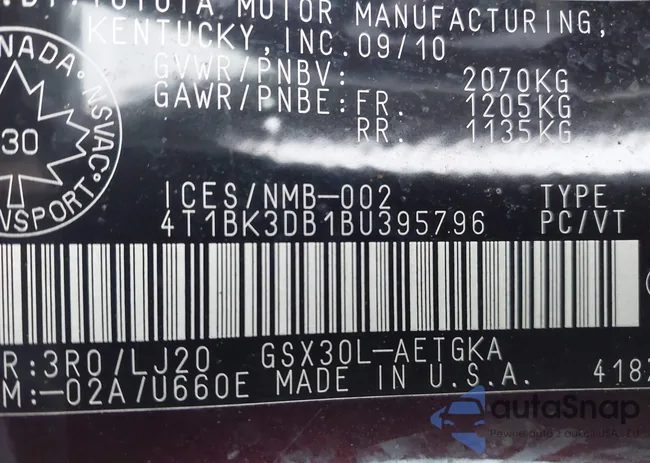 4T1BK3DB1BU395796: 43767800