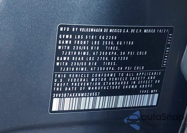 3VV3B7AXXNM026557: 43771285