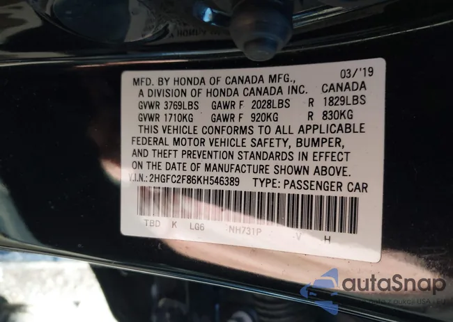 2HGFC2F86KH546389: 43772389