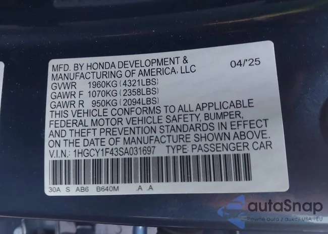 1HGCY1F43SA031697: 43776676