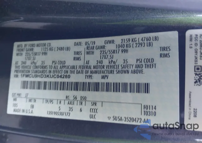 1FMCU9HD3KUC04280: 43780907