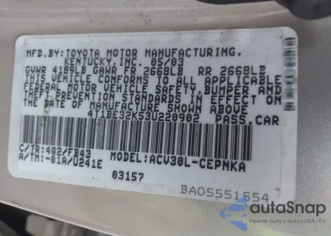 4T1BE32K53U220902: 43782437