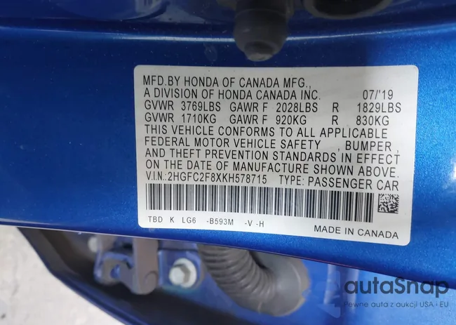 2HGFC2F8XKH578715: 43781621