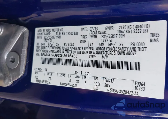 1FMCU9G92GUA16435: 43783473