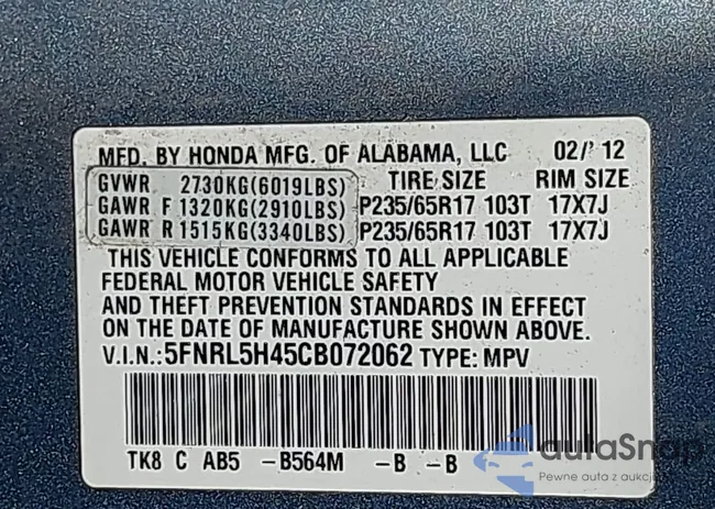 5FNRL5H45CB072062: 43784603