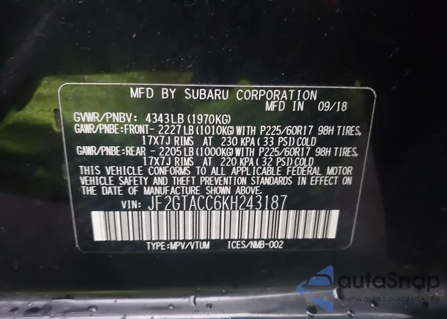 JF2GTACC6KH243187: 43784648