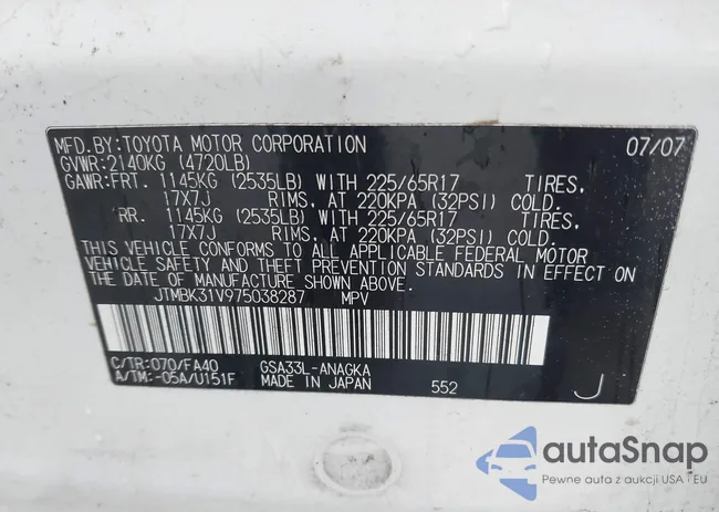 JTMBK31V975038287: 43787470