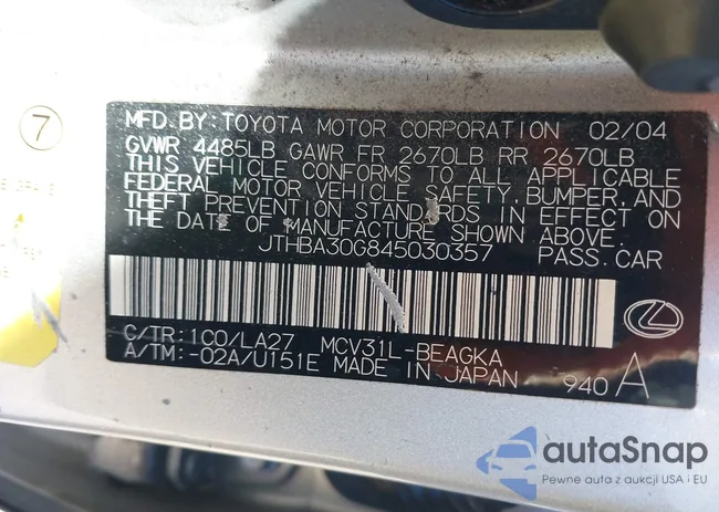 JTHBA30G845030357: 43787513