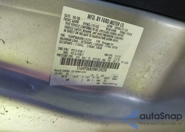 1FAHP36N39W124220: 43786654