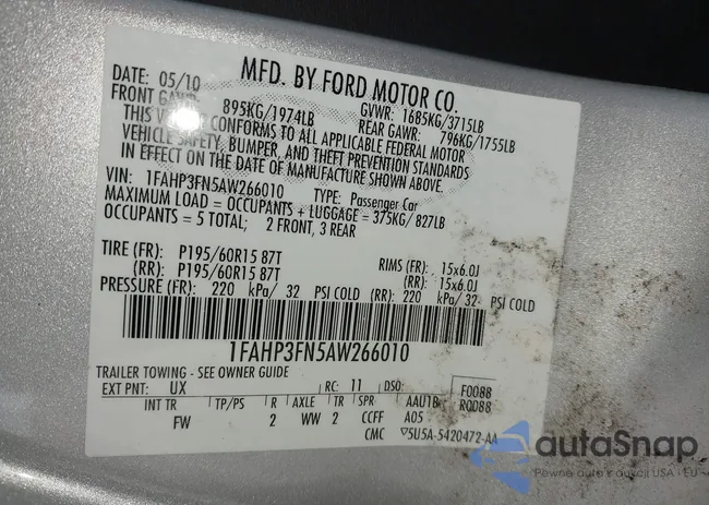 1FAHP3FN5AW266010: 43788467