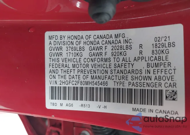 2HGFC2F80MH545466: 43787566