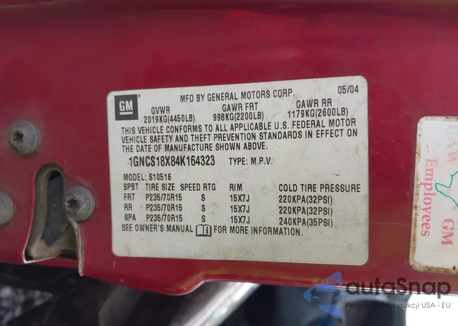 1GNCS18X84K164323: 43787621