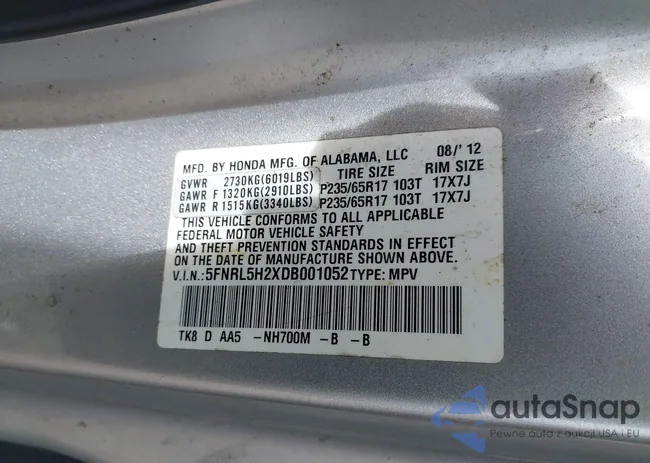 5FNRL5H2XDB001052: 43789425