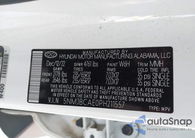 5NMJBCAE0PH211557: 43790018