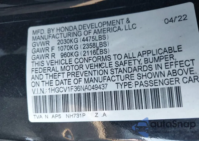 1HGCV1F36NA049437: 43792942