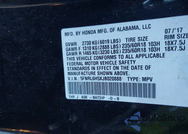 5FNRL6H5XJB020888: 43796346