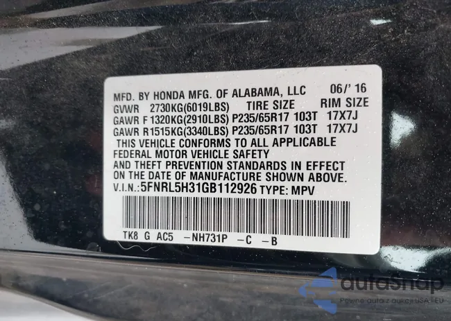 5FNRL5H31GB112926: 43795585